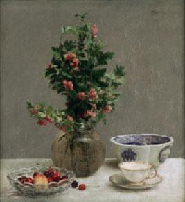 Henri Fantin-Latour Still Life with Vase of Hawthorn, Bowl of Cherries, Japanese Bowl, and Cup and Saucer France oil painting art